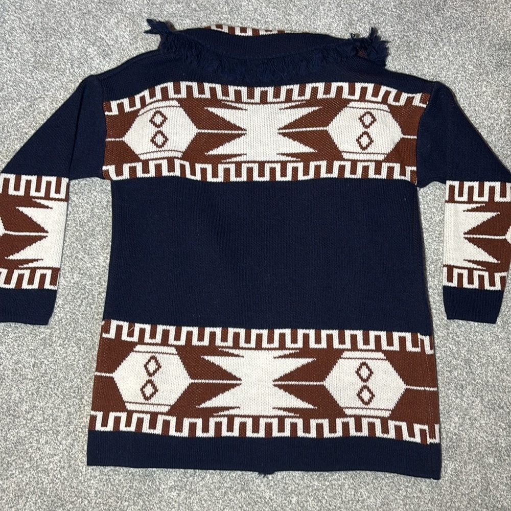 Cocogio sweater chunky open frontItalian wool cardigan fringe navy Aztec small - Picture 2 of 12